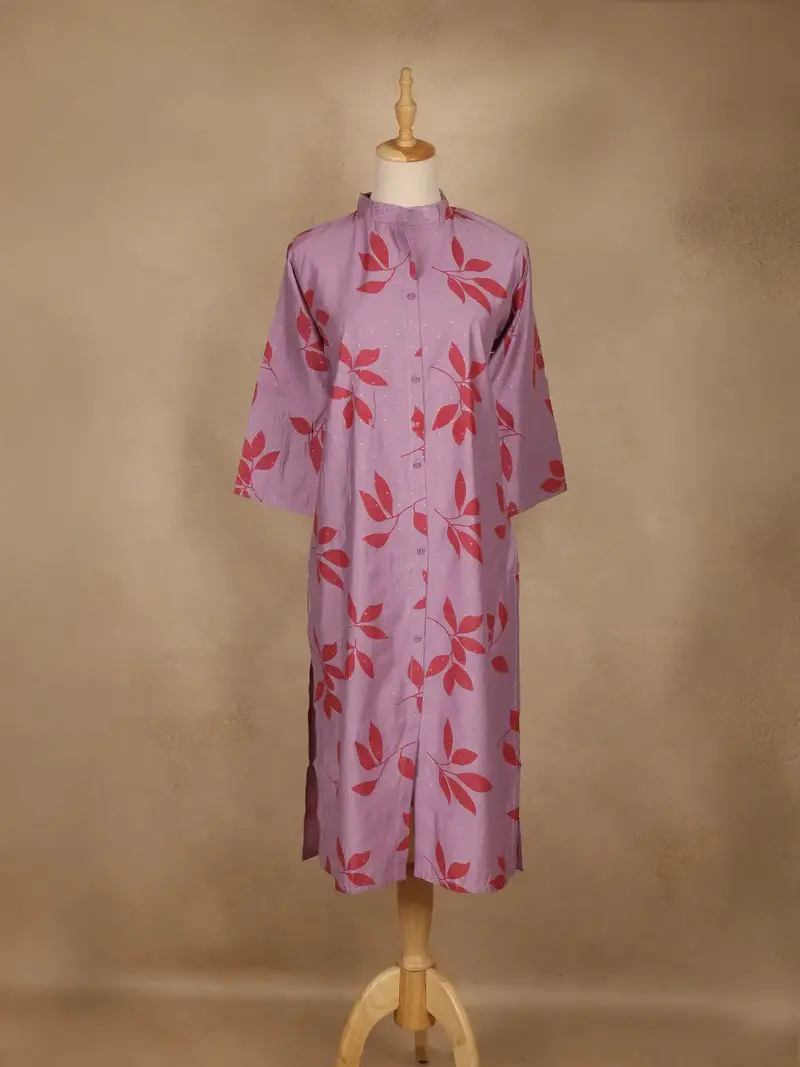 Purple Leaf Design Printed Cotton Kurti 1