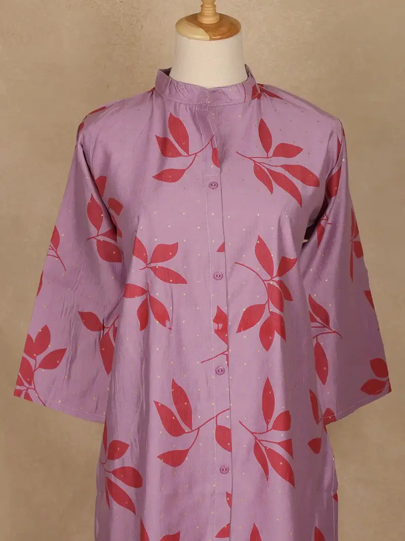 Purple Leaf Design Printed Cotton Kurti 2