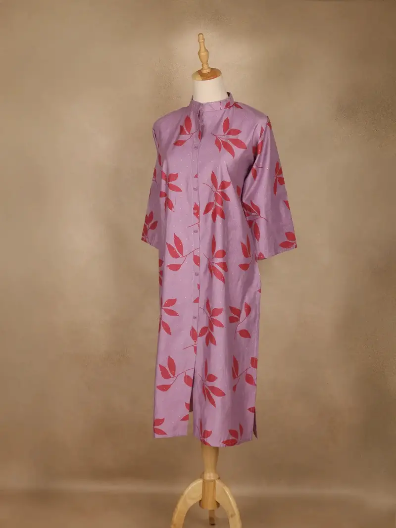 Purple Leaf Design Printed Cotton Kurti 3