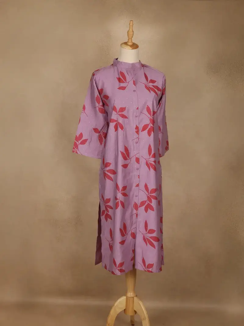 Purple Leaf Design Printed Cotton Kurti 4