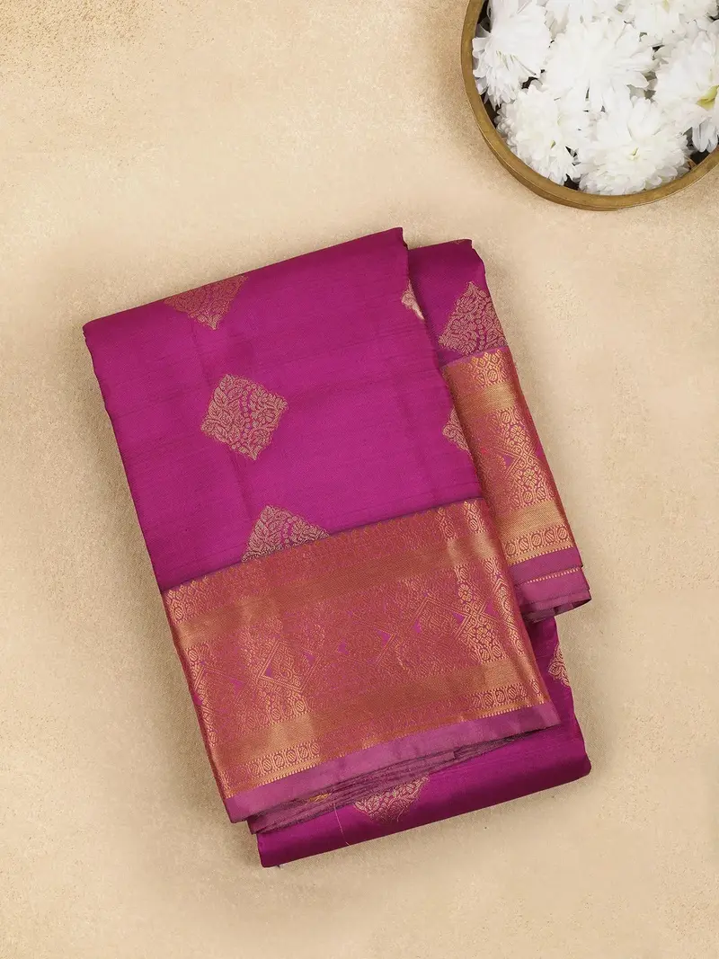 Purple Leaf Motif Pure Kanchipuram Silk Saree 1
