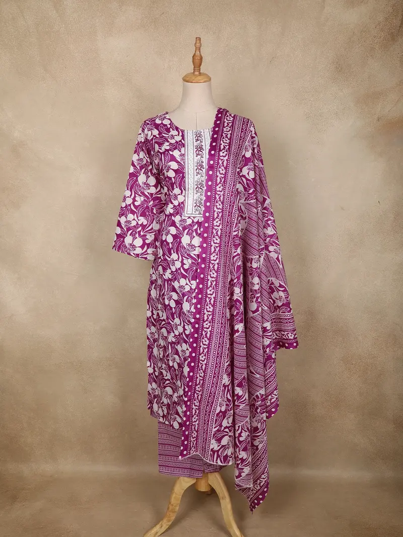 Purple Leaf Printed Design Cotton Straight Cut Salwar Suit 1