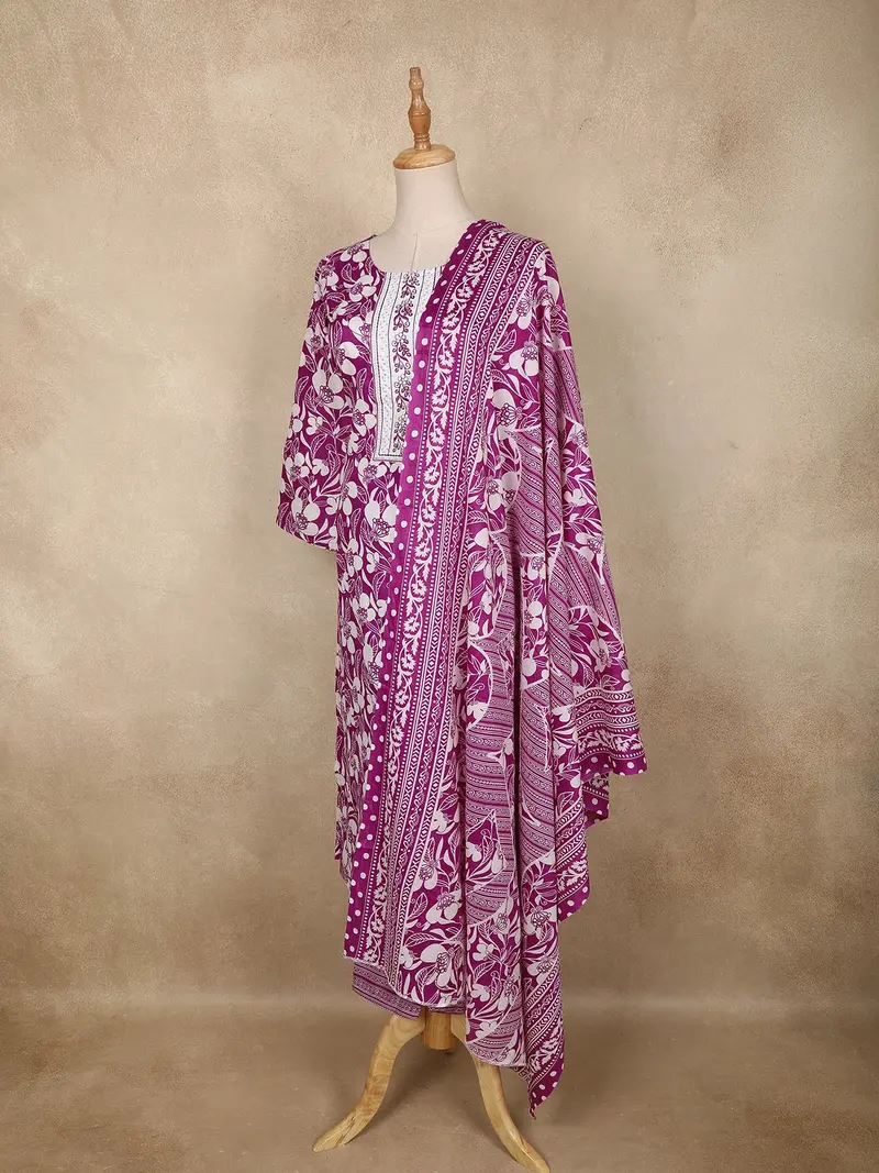 Purple Leaf Printed Design Cotton Straight Cut Salwar Suit 3