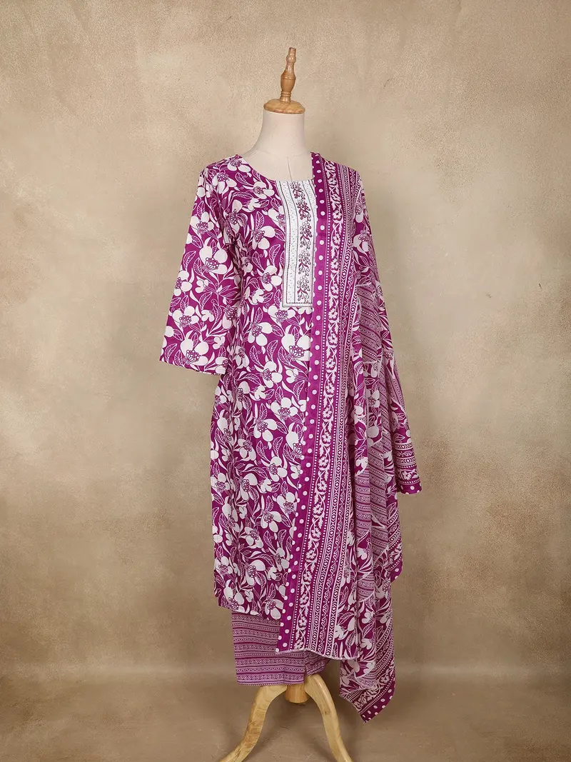 Purple Leaf Printed Design Cotton Straight Cut Salwar Suit 4