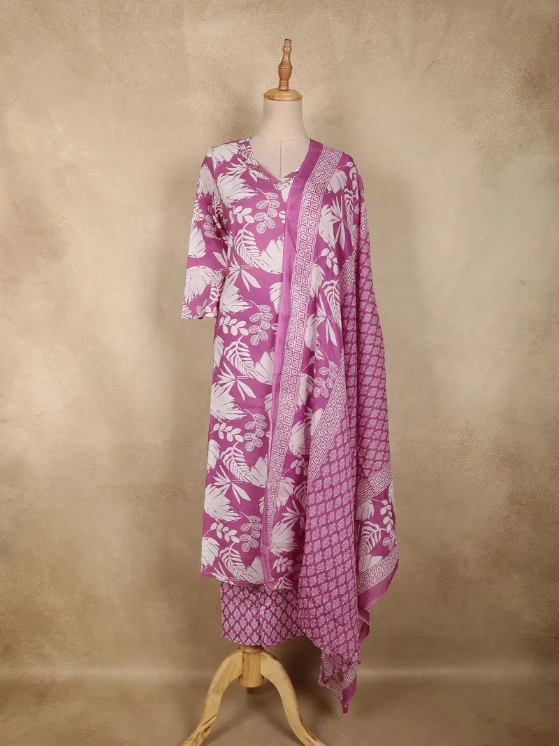 Purple Leaf Printed Design Cotton Straight Cut Salwar Suit With Dupatta 1