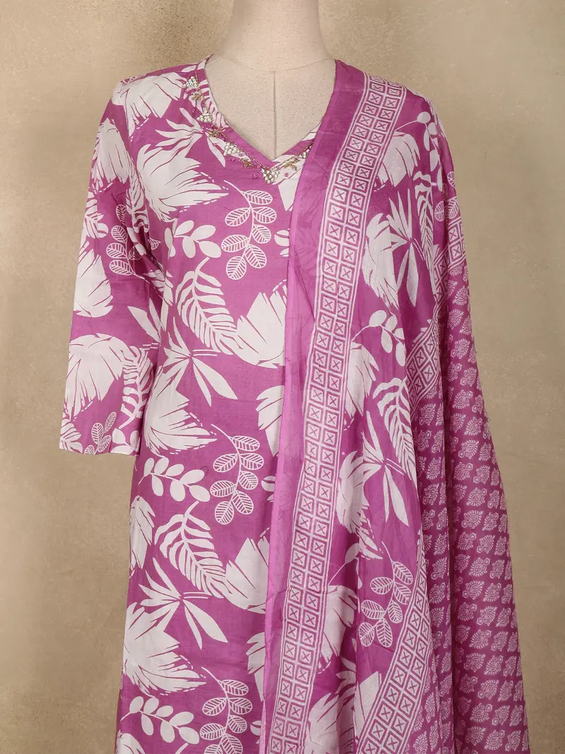 Purple Leaf Printed Design Cotton Straight Cut Salwar Suit With Dupatta 2