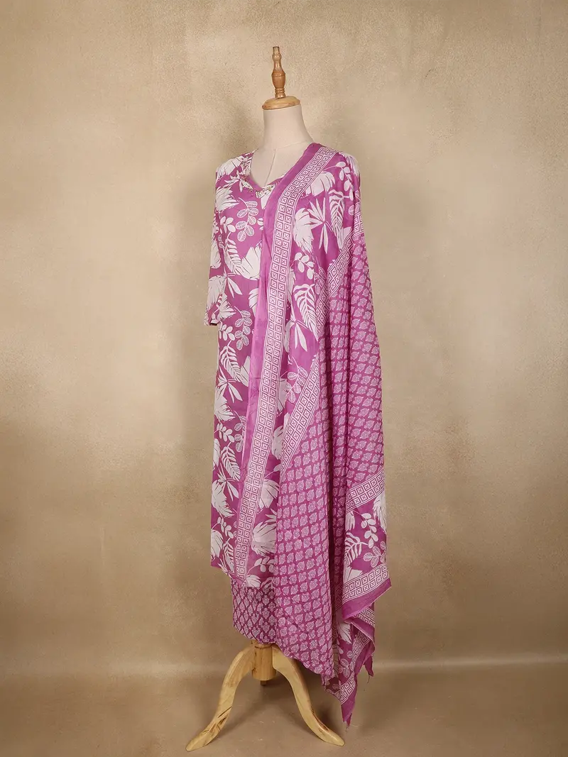Purple Leaf Printed Design Cotton Straight Cut Salwar Suit With Dupatta 3