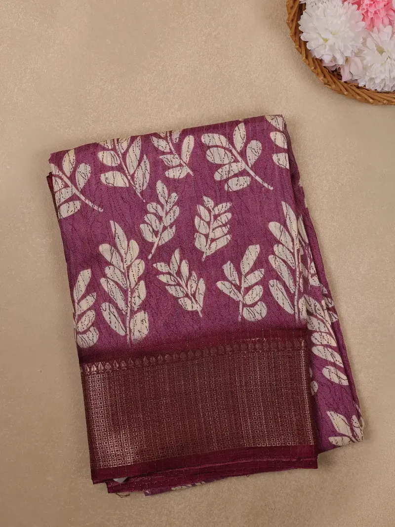 Purple Leaf Printed Fancy Cotton Saree 1