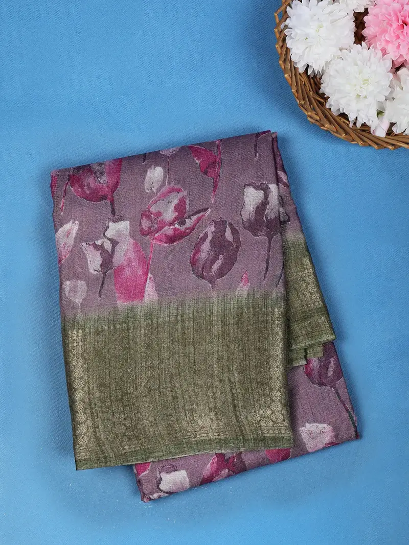 Purple Leaf Printed  Raw Silk Saree 1