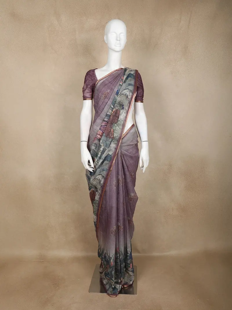 Purple Linen Cotton Saree With Artistic Village Motif Print 1