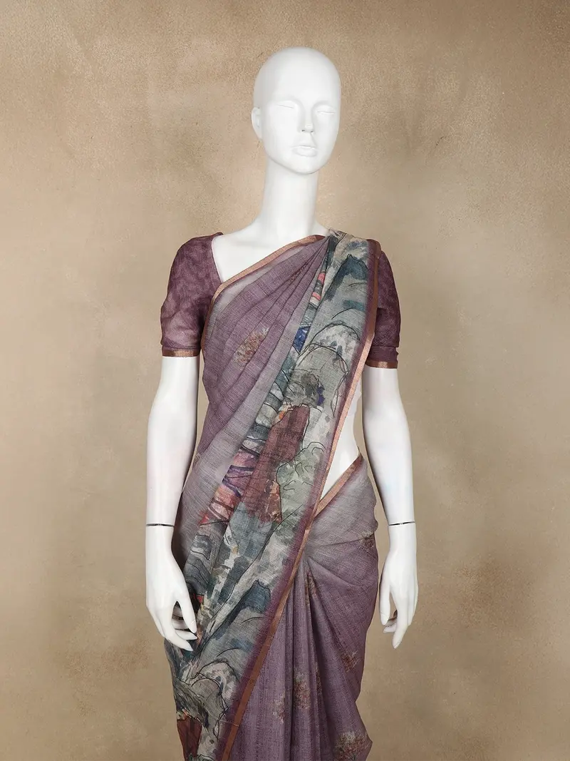 Purple Linen Cotton Saree With Artistic Village Motif Print 2