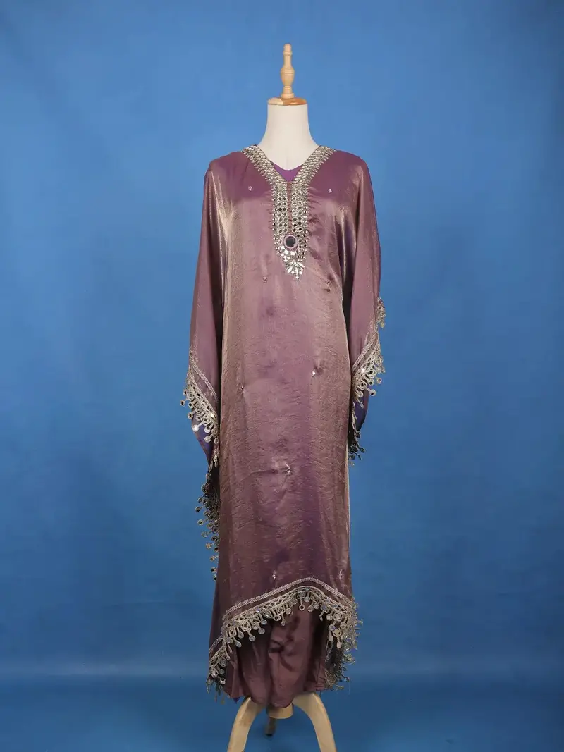 Purple Mirror Work Semi Silk Kaftan Suit 1