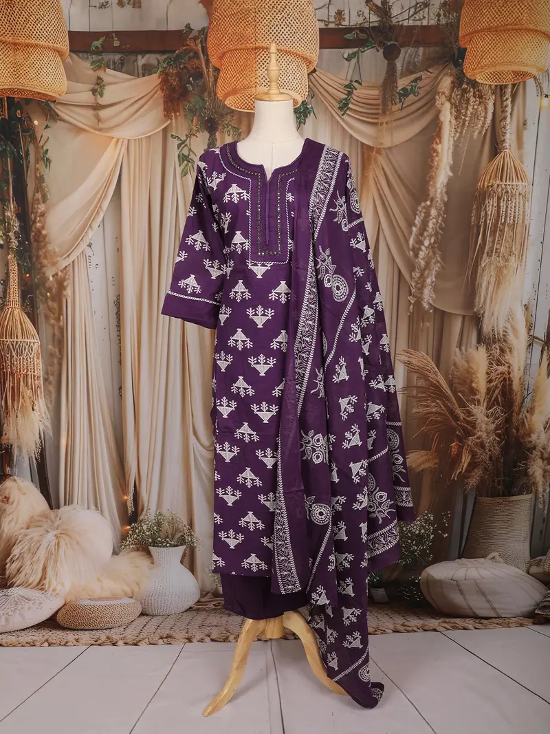 Purple Motif Printed Cotton Salwar Suit With Dupatta 1