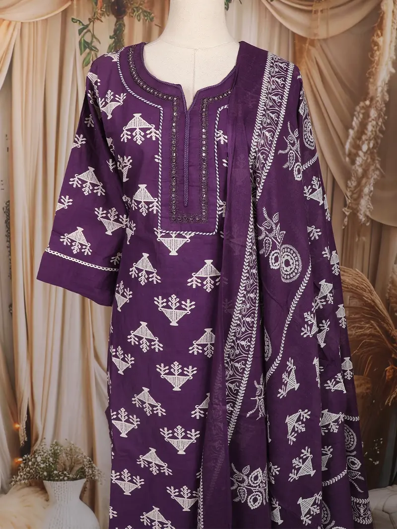 Purple Motif Printed Cotton Salwar Suit With Dupatta 2
