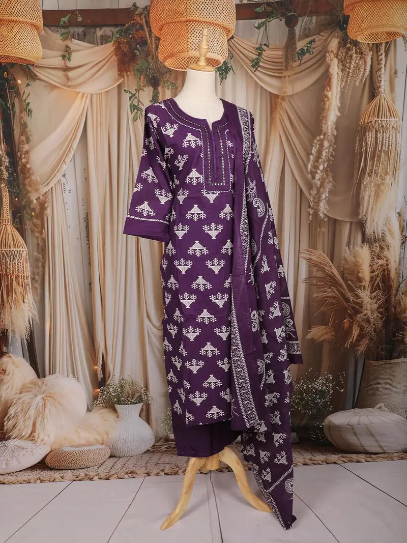 Purple Motif Printed Cotton Salwar Suit With Dupatta 3