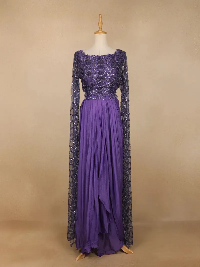 Purple Net Embroidered Designed Indowestern Lehenga 1