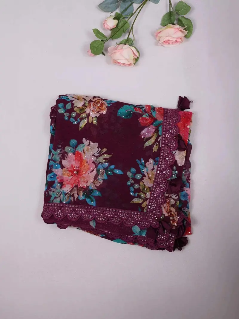 Purple Organza Saree With Floral Prints On The Body And Design Border Paired With Designer Blouse 1
