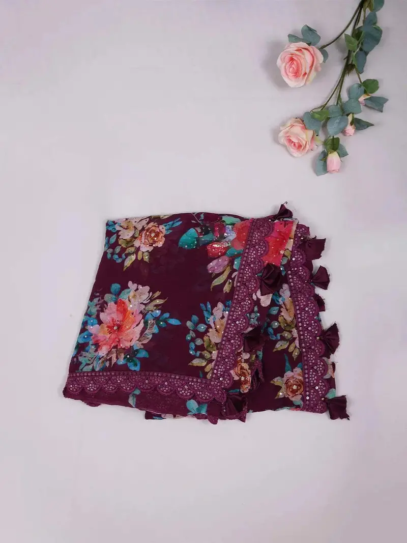 Purple Organza Saree With Floral Prints On The Body And Design Border Paired With Designer Blouse 2