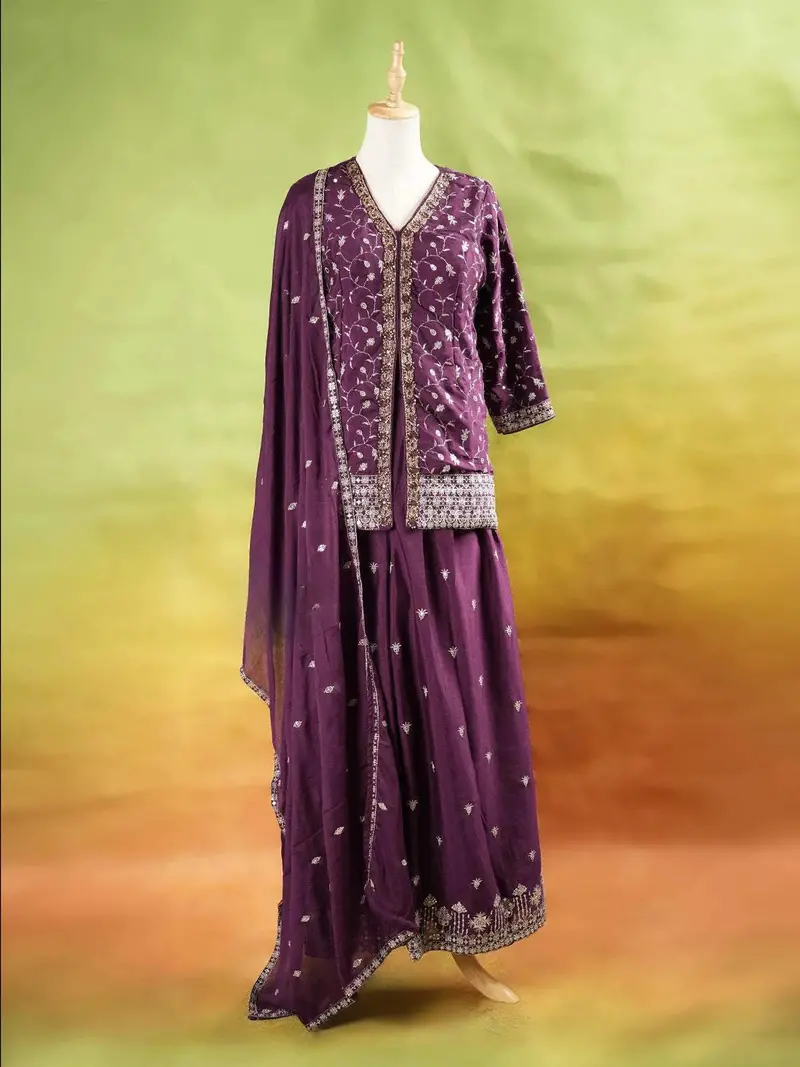 Purple Palazzo Suit Adorned With Floral And Sequin Embroidery, With Dupatta And 3/4 Sleeve 1