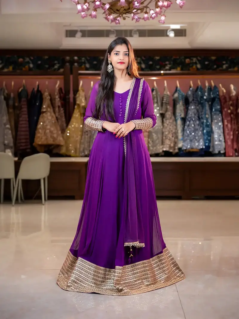 Purple Panel Designed Anarkali Georgette Gown With Zari Embroidered Sleeves 1