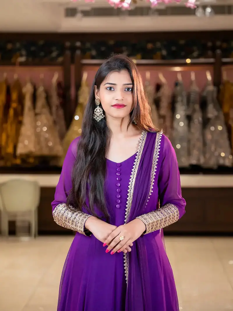 Purple Panel Designed Anarkali Georgette Gown With Zari Embroidered Sleeves 2