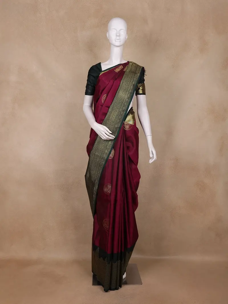 Purple Peacock Butta Woven Kanchipuram Silk Saree With Green Zari Border 1
