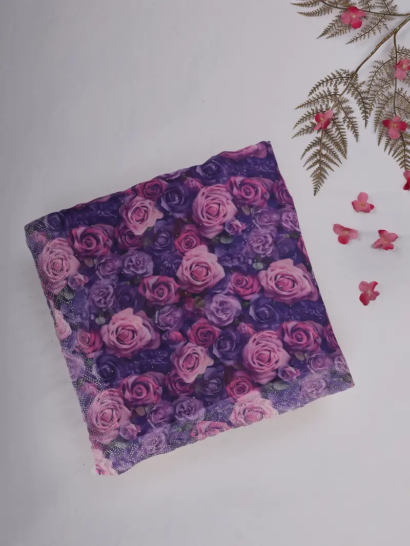 Purple Pink Rose Floral Printed Chiffon Saree With Stone Embellished Scallop Border 1