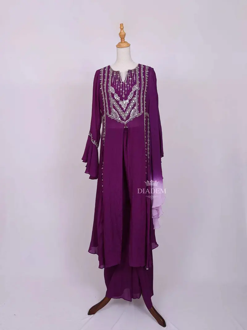 Purple Plazzo Salwar Suit For Women Adorned With Sequins And Beads Work Witout Dupatta 1