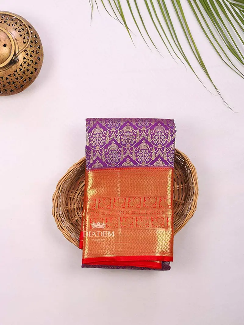 Purple Pure Kanchipuram Bridal Silk Saree With Floral Motif On The Body And Contrast Zari Border 1
