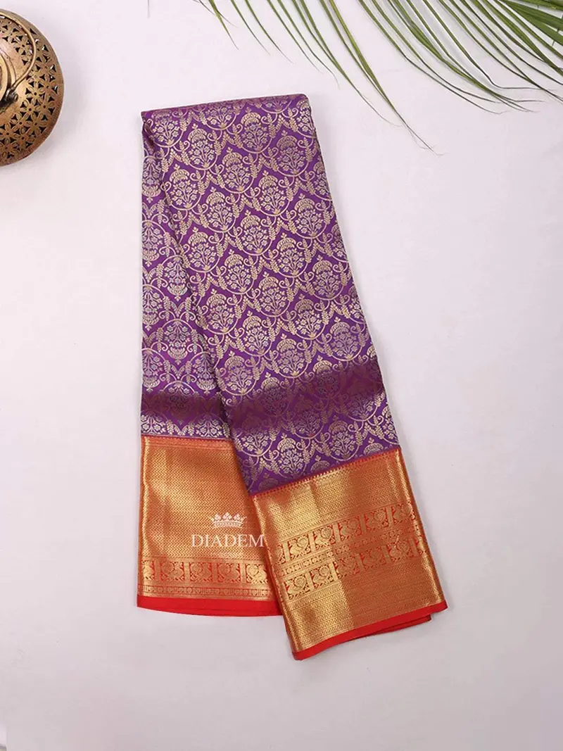 Purple Pure Kanchipuram Bridal Silk Saree With Floral Motif On The Body And Contrast Zari Border 2
