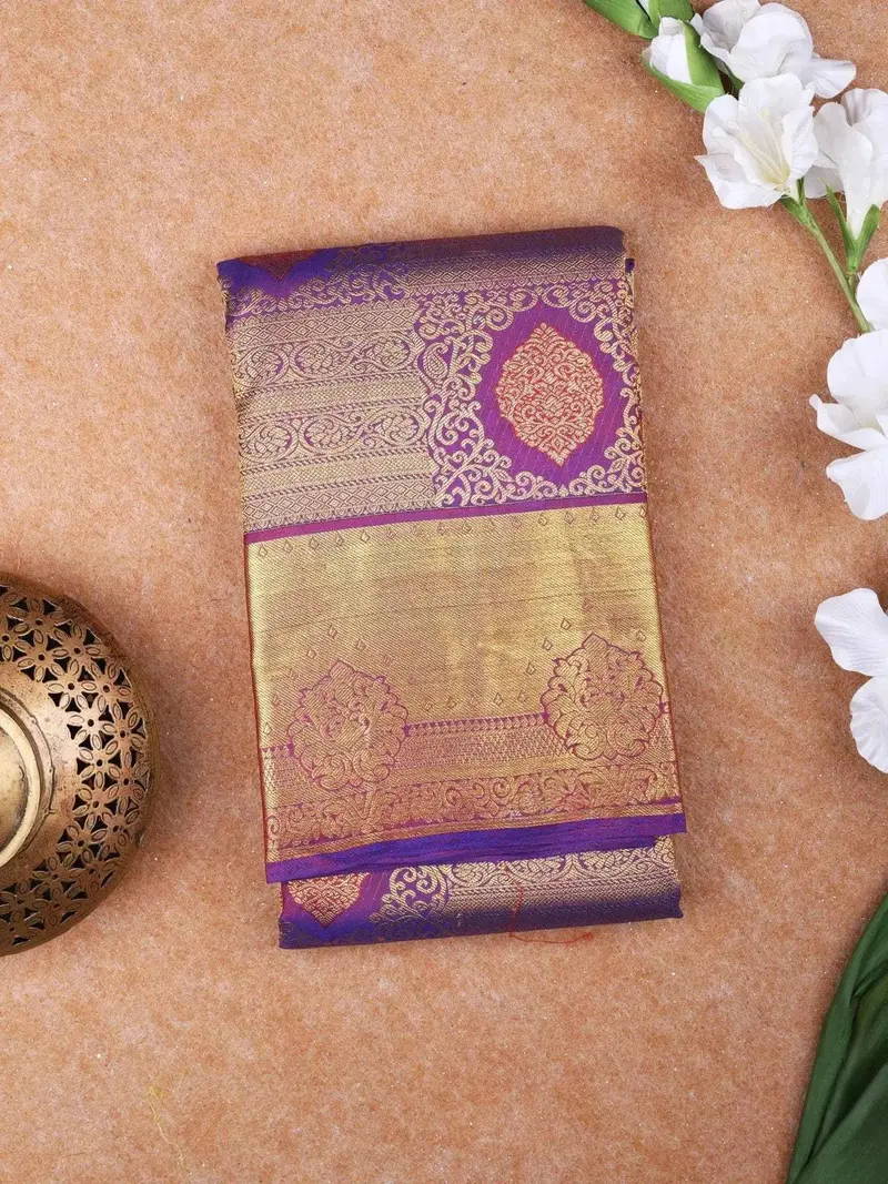 Purple Pure Kanchipuram Bridal Silk Saree With Paisley Motif On The Body With Zari Border 1