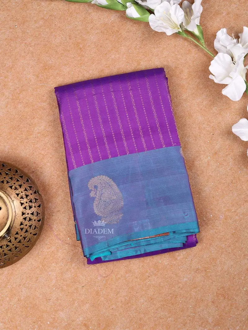 Purple Pure Kanchipuram Bridal Silk Saree With Stripes Design On The Body With Zari Border 1