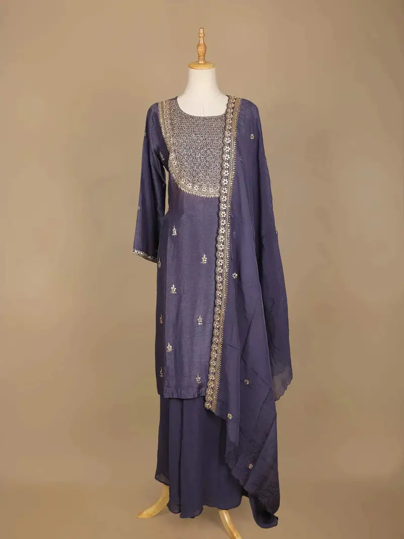 Purple Raw Silk Straight Cut Salwar Suit For Girls Adorned With Floral Embroidery Designs, Paired With Dupatta And 3/4 Sleeves 1