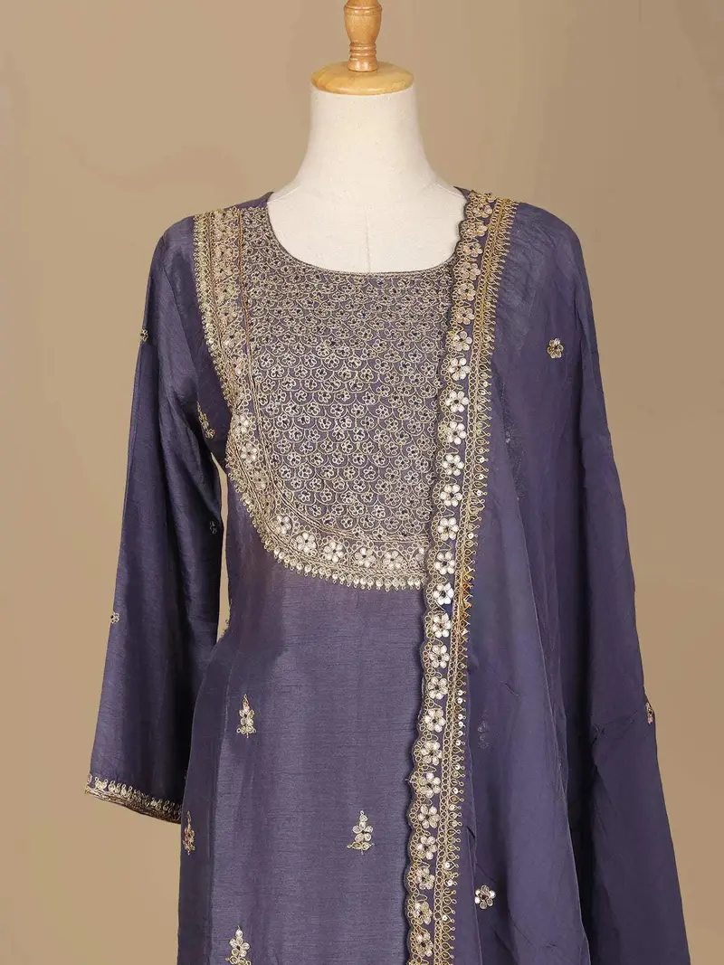 Purple Raw Silk Straight Cut Salwar Suit For Girls Adorned With Floral Embroidery Designs, Paired With Dupatta And 3/4 Sleeves 2