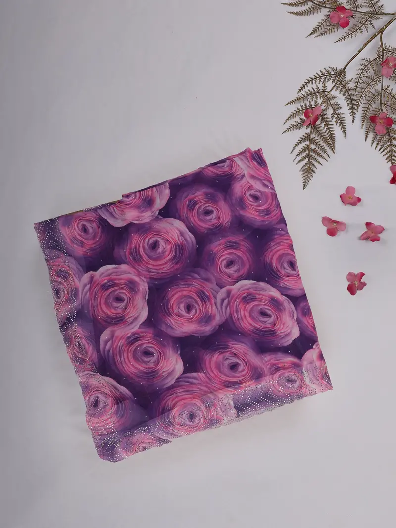 Purple Rose Floral Printed Chiffon Saree 1