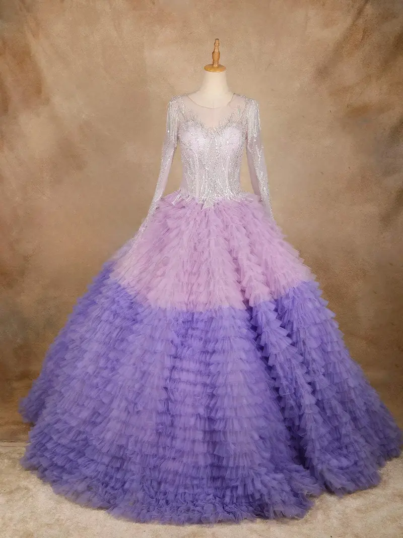 Purple Ruffled Sequins Net Ball Bridal Reception Gown 1
