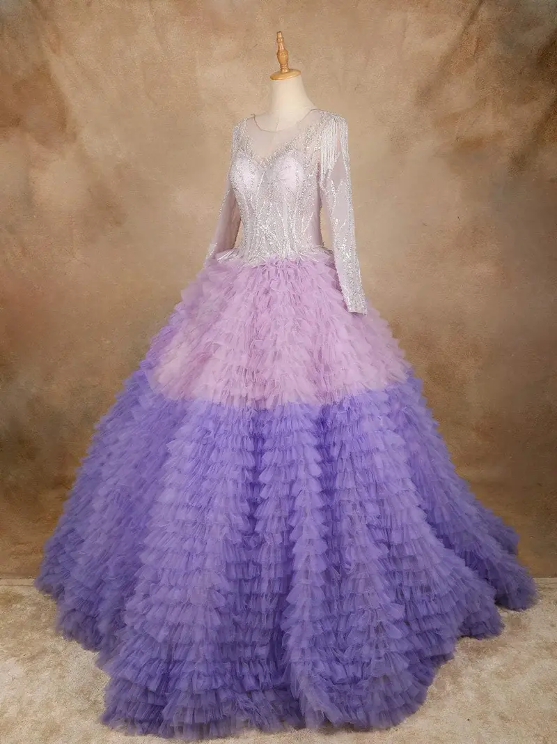 Purple Ruffled Sequins Net Ball Bridal Reception Gown 2