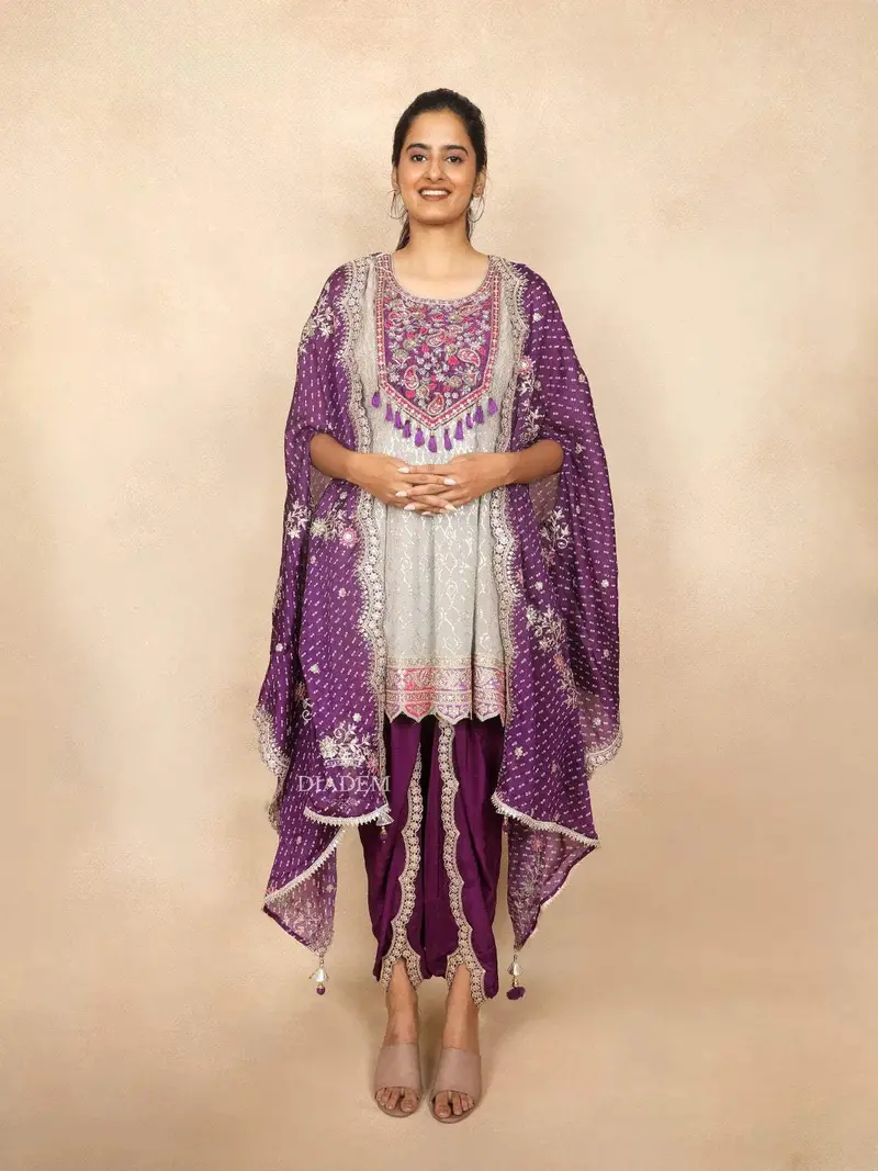 Purple Salwar Dhoti Suit Adorned With Sequins And Flower Design Paired With Dupatta 1