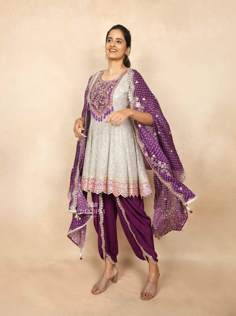 Purple Salwar Dhoti Suit Adorned With Sequins And Flower Design Paired With Dupatta 2