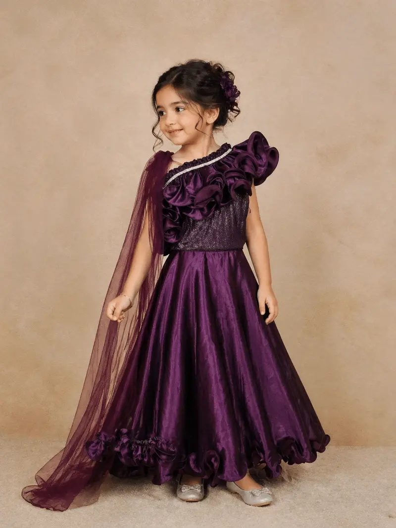 Purple Satin Ruffle Lehenga Embellished With Stonework, Paired With Dupatta 1