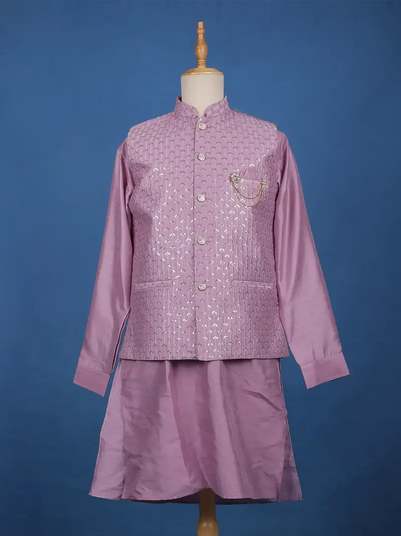 Purple Sequin Embroidered Brocade Kurta Pyjama 1