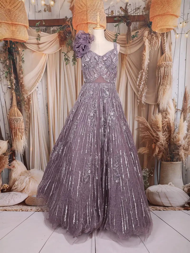Purple Sequins And Beads Embroidered Design Net Gown 1