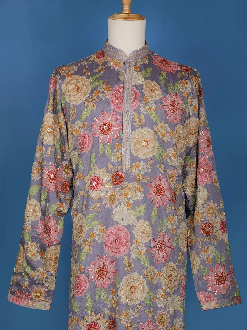 Purple Sequins And Floral Printed Semi Silk Kurta Set With Pant 1