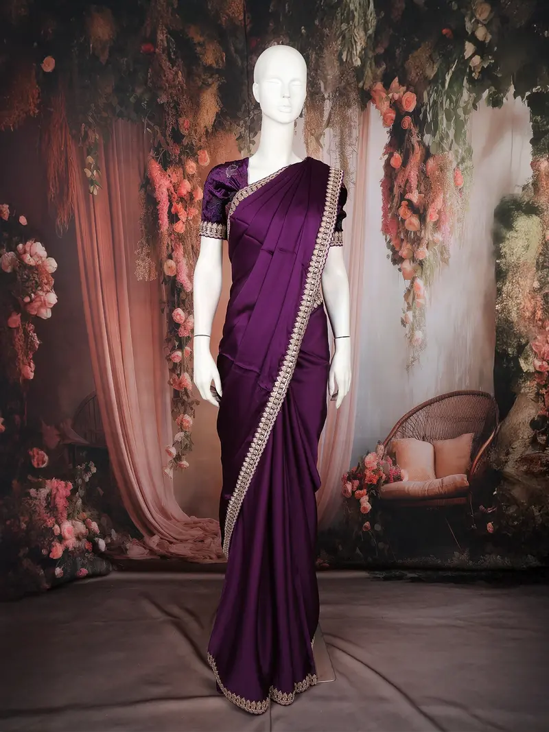 Purple Sequins Design  Satin Saree With Embellished Lace Border 1