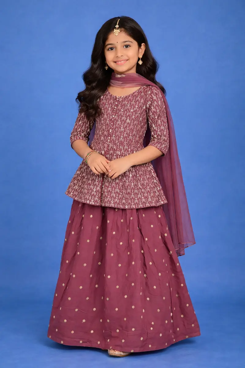 Purple Sequins Embroidered Kids Peplum Top With Skirt And Dupatta 1