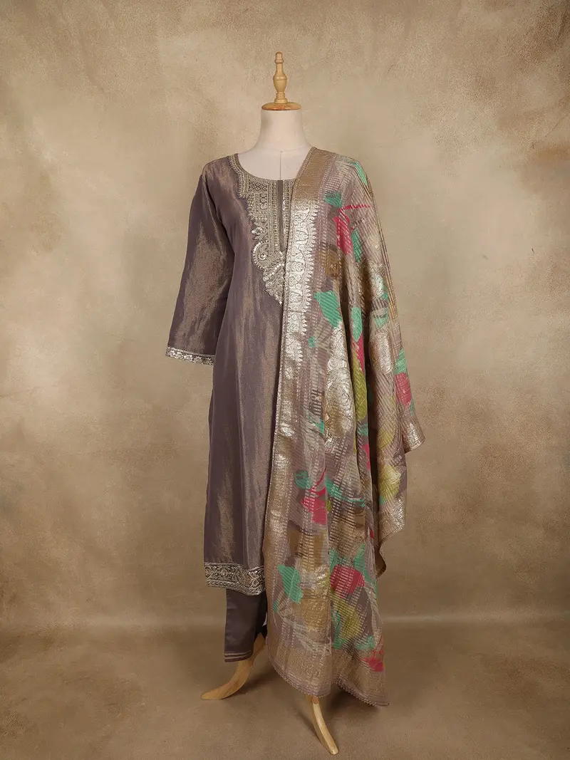 Purple Sequins Zari Embroidered Design Tissue Silk Palazzo Suit With Dupatta 1