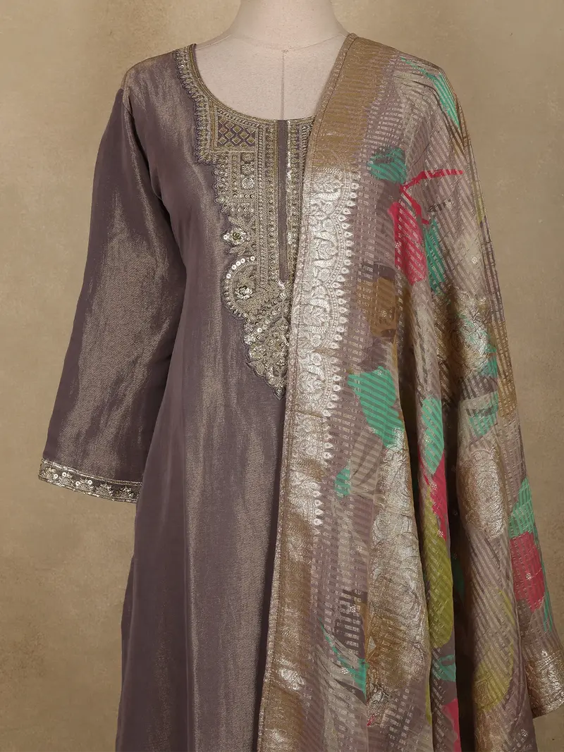 Purple Sequins Zari Embroidered Design Tissue Silk Palazzo Suit With Dupatta 2