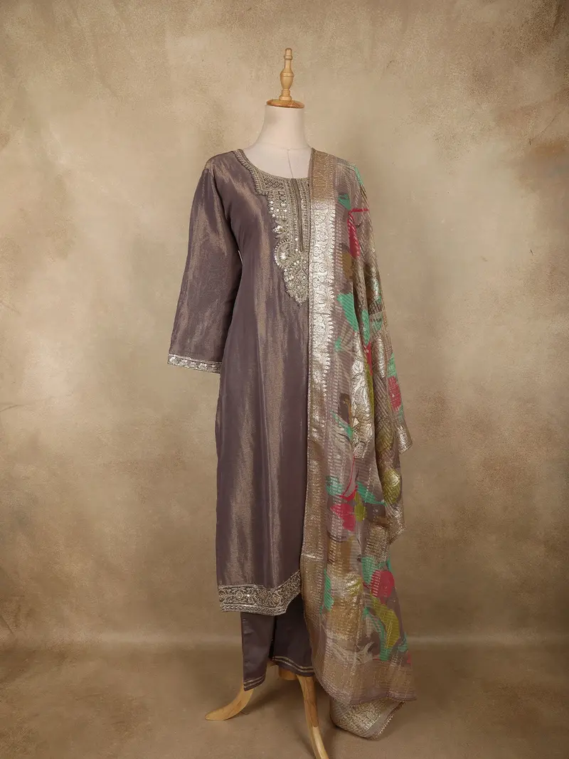 Purple Sequins Zari Embroidered Design Tissue Silk Palazzo Suit With Dupatta 3