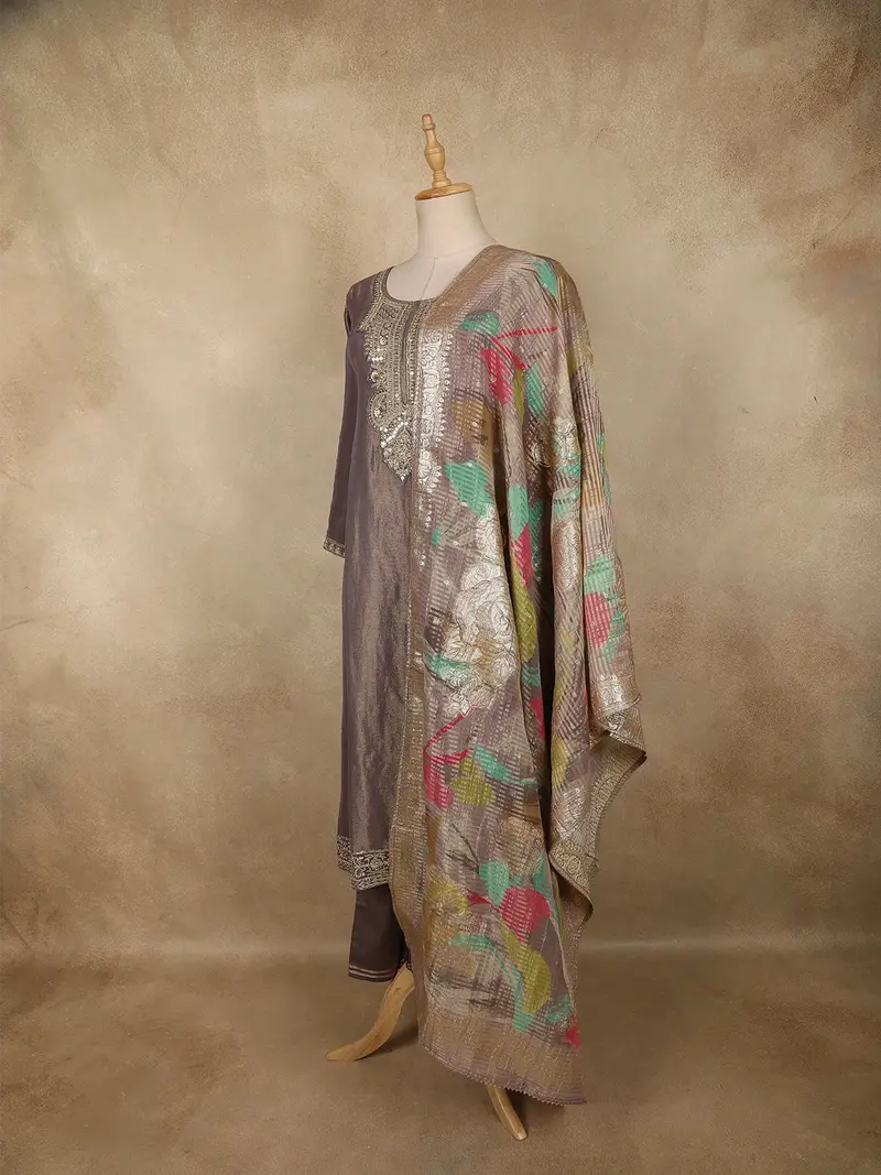 Purple Sequins Zari Embroidered Design Tissue Silk Palazzo Suit With Dupatta 4