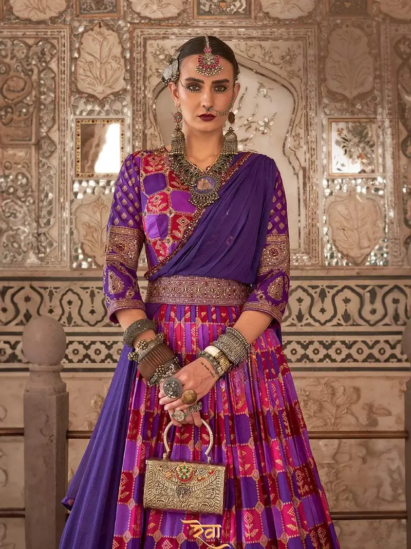 Purple Silk Engagement Gown For Bride With Floral Embroideries And Prints 1